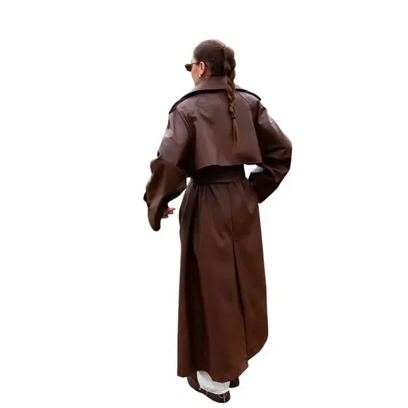 Brown Faux Leather Trench Coat with Belt – Brand New - Picture 2 of 12